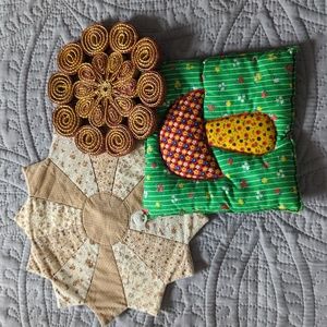 3 Vintage Trivets - 1 wicker, mushroom